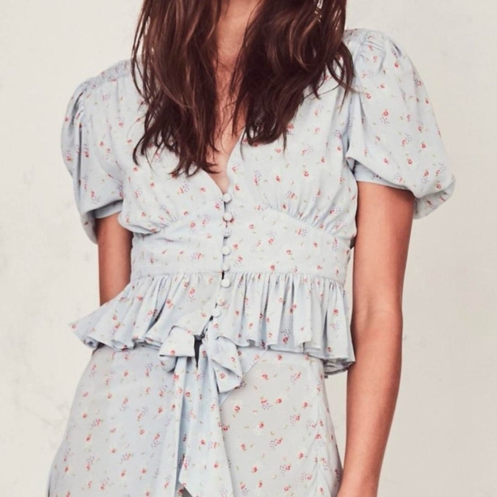 LoveShackFancy Steph Blouse in Blue Ribbon Size L